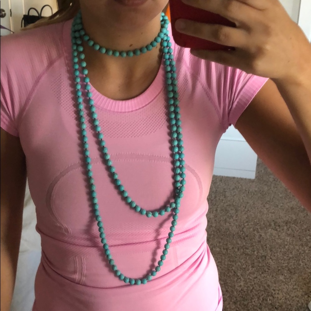 Long blue/ coral beaded necklace